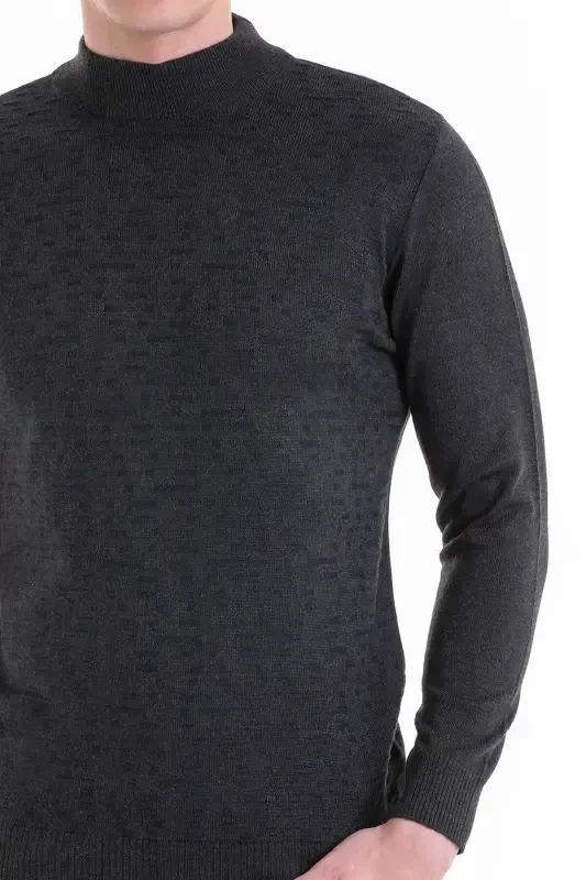 Anthracite Comfort Fit Jacquard Half Turtleneck Wool Knit Sweater-Anthracite - 5