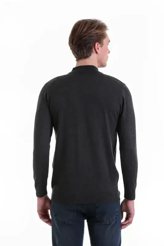 Anthracite Comfort Fit Jacquard Half Turtleneck Wool Knit Sweater-Anthracite - 6