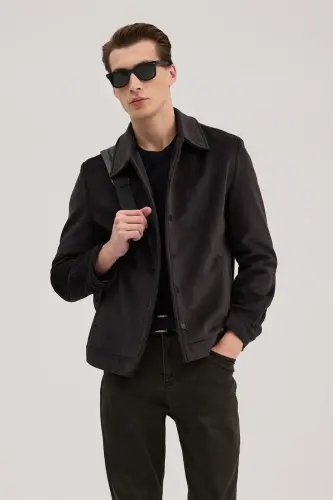 Anthracite Comfort Fit Mandarin Collar Velvet Jacket - 1