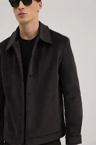 Anthracite Comfort Fit Mandarin Collar Velvet Jacket - 3