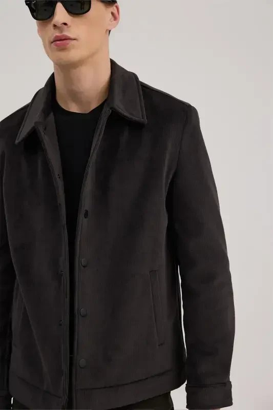 Anthracite Comfort Fit Mandarin Collar Velvet Jacket - 3