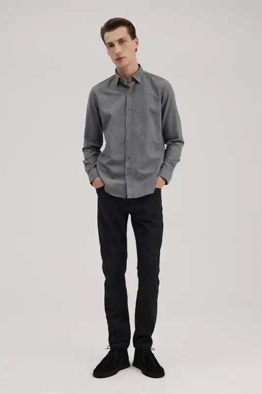 Anthracite Comfort Fit Patterned Cotton Button-Down Collar Shirt - 1