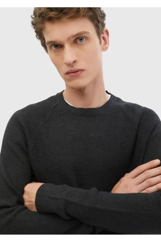 Anthracite Crew Neck Jacquard Wool Blend Knitwear - 4