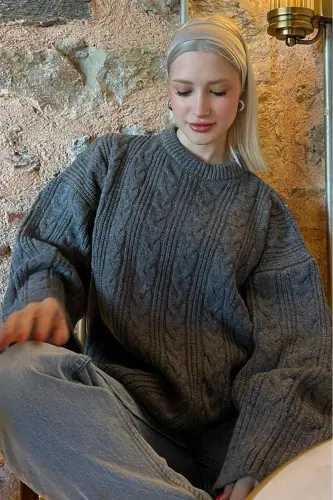 Anthracite Crew Neck Knitted Tricot Sweater MG2009-Anthracite - 3