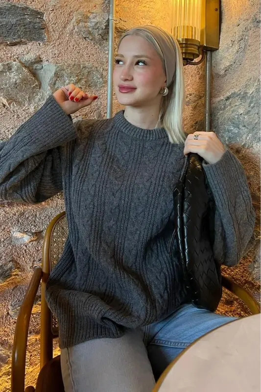 Anthracite Crew Neck Knitted Tricot Sweater MG2009-Anthracite - 5