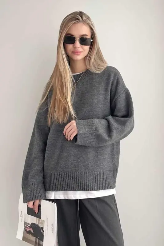 Anthracite Crew Neck Oversize Knit Sweater MG1972-Anthracite - 2