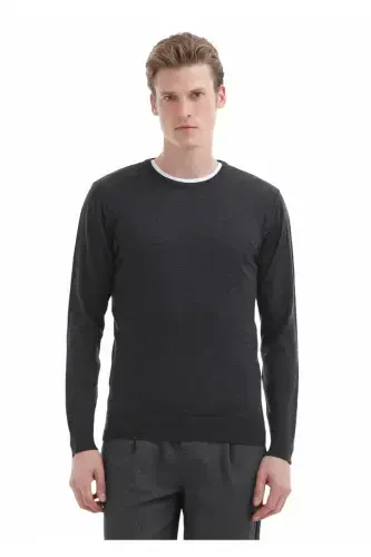 Anthracite Crew Neck Plain Knit %100 Wool Knitwear - 1