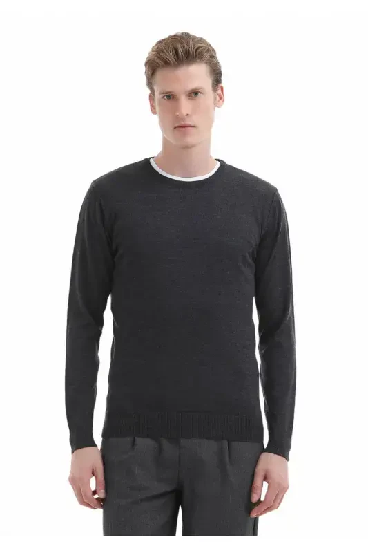 Anthracite Crew Neck Plain Knit %100 Wool Knitwear - 1