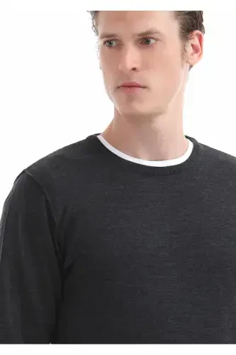 Anthracite Crew Neck Plain Knit %100 Wool Knitwear - 3