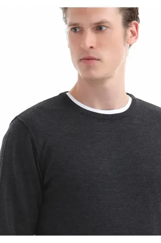 Anthracite Crew Neck Plain Knit %100 Wool Knitwear - 3