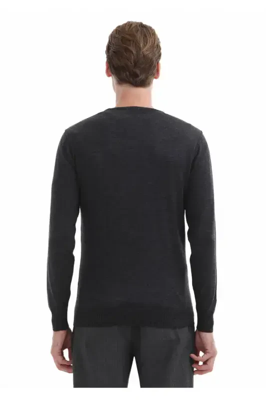 Anthracite Crew Neck Plain Knit %100 Wool Knitwear - 4