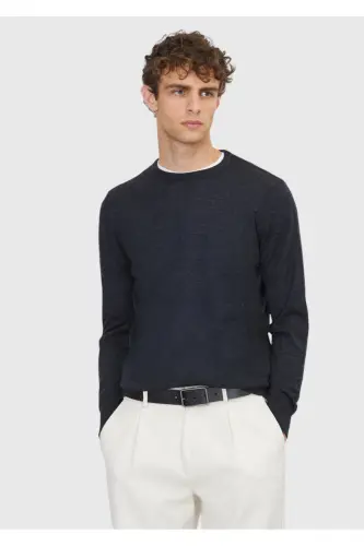 Anthracite Crew Neck Plain Knit Wool Blend Sweater - Anthracite - 1