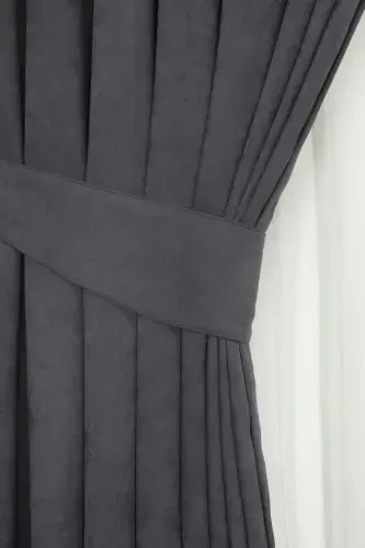 Anthracite Gray Honeycomb Velvet Textured Curtain Plain Stitched Extrafor Shirring 1st Class Quality-Anthracite - 4