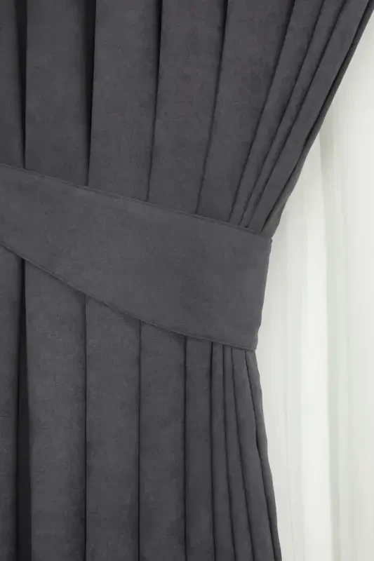 Anthracite Gray Honeycomb Velvet Textured Curtain Plain Stitched Extrafor Shirring 1st Class Quality-Anthracite - 4