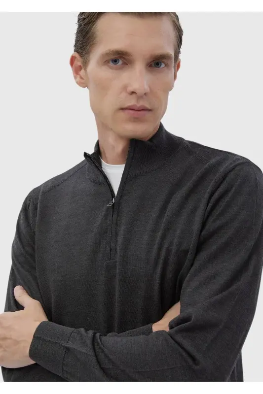 Anthracite Half Fisherman Collar Plain Knit Wool Blend Knitwear - 1