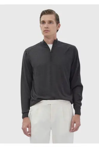 Anthracite Half Fisherman Collar Plain Knit Wool Blend Knitwear - 2