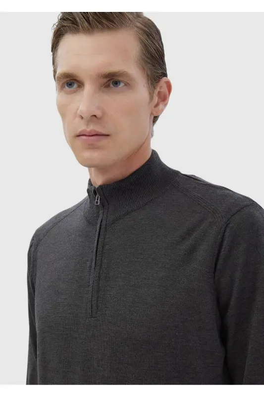 Anthracite Half Fisherman Collar Plain Knit Wool Blend Knitwear - 4