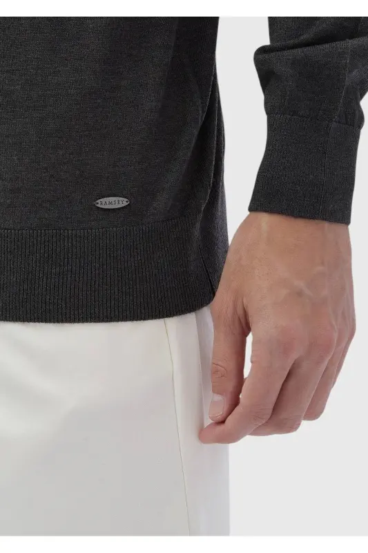 Anthracite Half Fisherman Collar Plain Knit Wool Blend Knitwear - 5