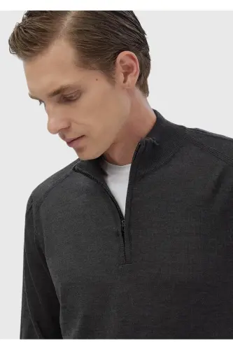 Anthracite Half Fisherman Collar Plain Knit Wool Blend Knitwear - 6