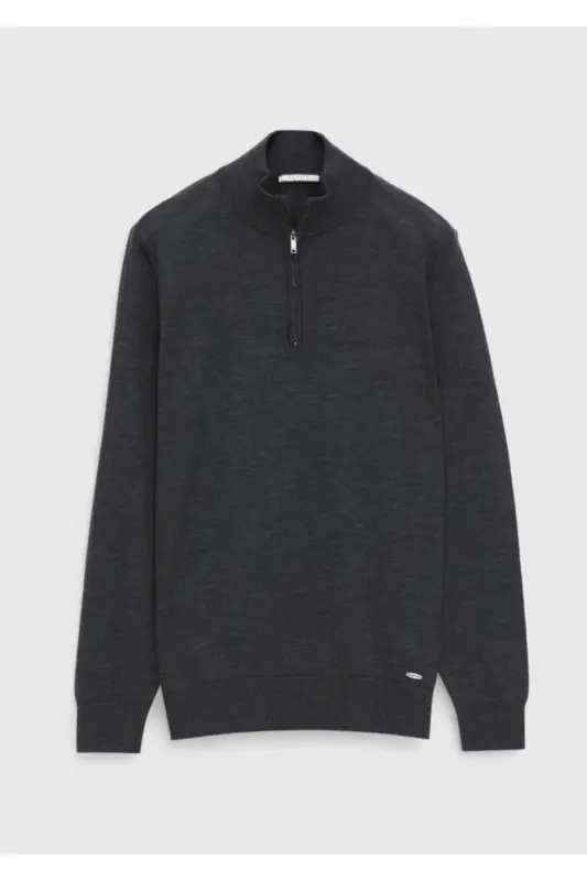 Anthracite Half Fisherman Collar Plain Knit Wool Blend Knitwear - 1