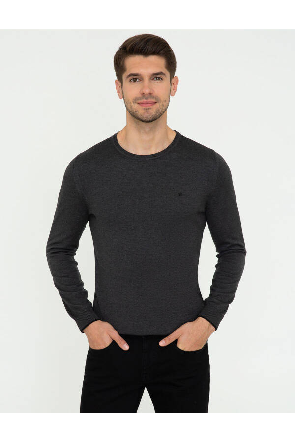 Anthracite Melange Slim Fit Crew Neck Basic Knit Sweater - 3
