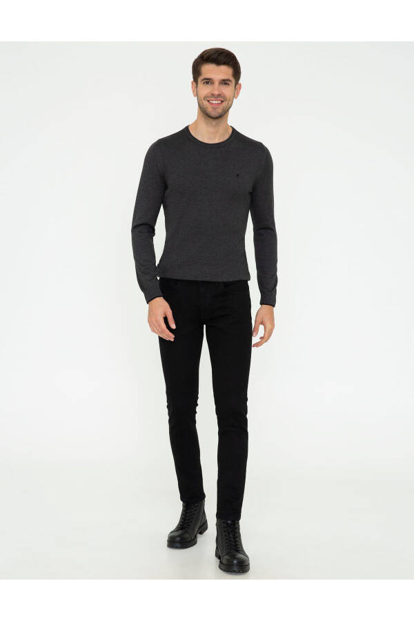 Anthracite Melange Slim Fit Crew Neck Basic Knit Sweater - 4