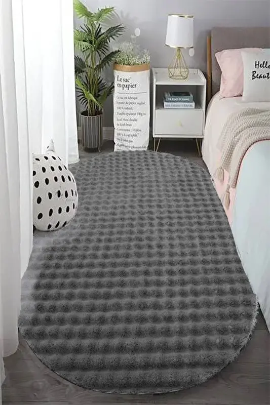Anthracite Oval Plush Embossed Non-Slip Base Dot Washable Living Room Hallway Kitchen Children's Room-Dark Gray - VILA NOVA HOME