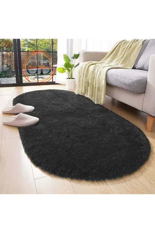 Anthracite Oval Post Plush Soft Washable Non-Slip Dot Base Antibacterial Living Room Hallway Rug-Anthracite - 2