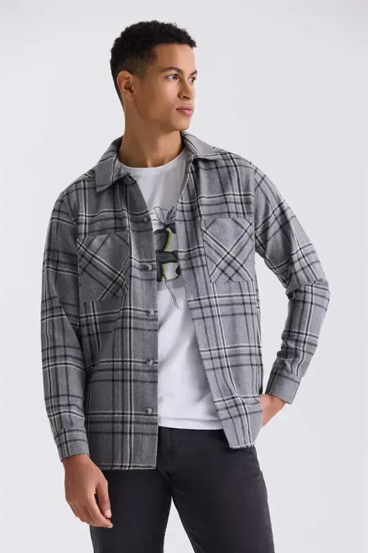 Anthracite Over Size Loose Fit Plaid Patterned Cotton Pocketed Lumberjack Shirt - JAKAMEN