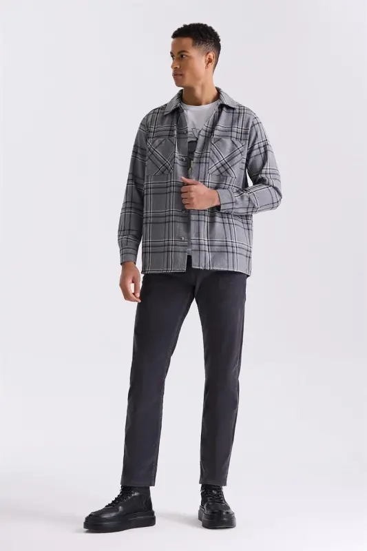 Anthracite Oversize Loose Fit Plaid Patterned Cotton Pocket Lumberjack Shirt - 2
