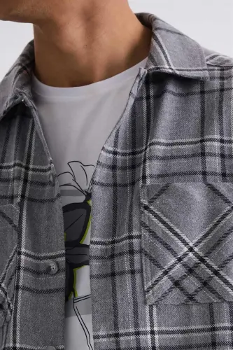 Anthracite Oversize Loose Fit Plaid Patterned Cotton Pocket Lumberjack Shirt - 3