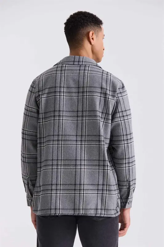 Anthracite Oversize Loose Fit Plaid Patterned Cotton Pocket Lumberjack Shirt - 4