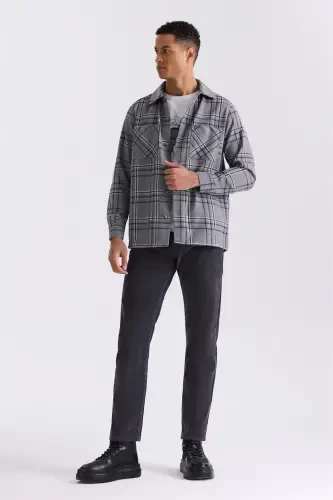 Anthracite Plaid Pattern Cotton Pocket Oversize Loose Lumberjack Shirt - 2