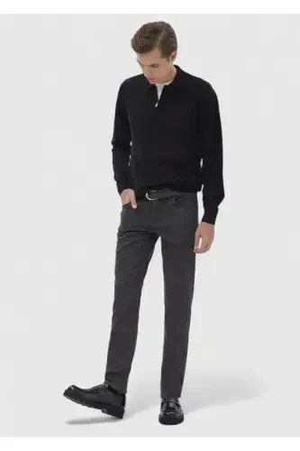 Anthracite Plain Weave Slim Fit Casual Cotton Blend Trousers - 1