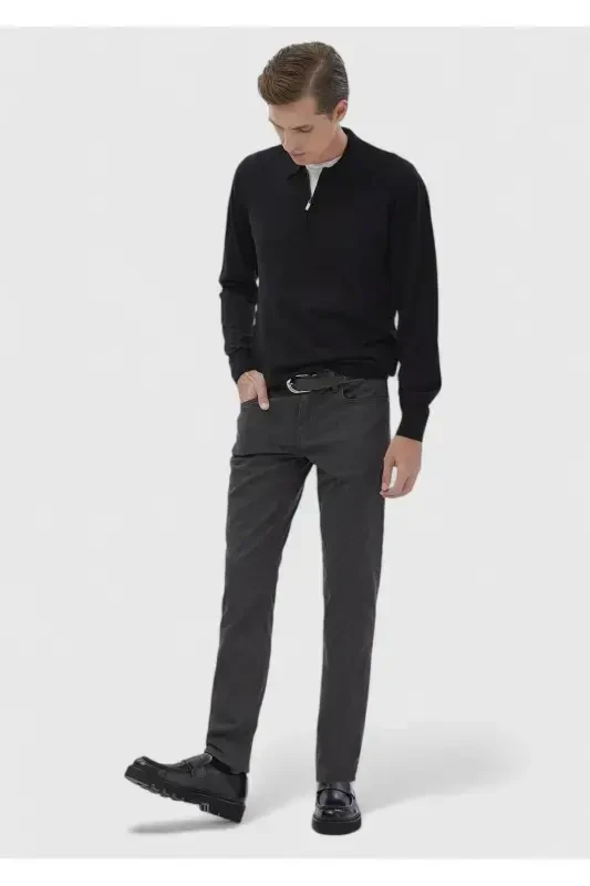 Anthracite Plain Weave Slim Fit Casual Cotton Blend Trousers - RAMSEY