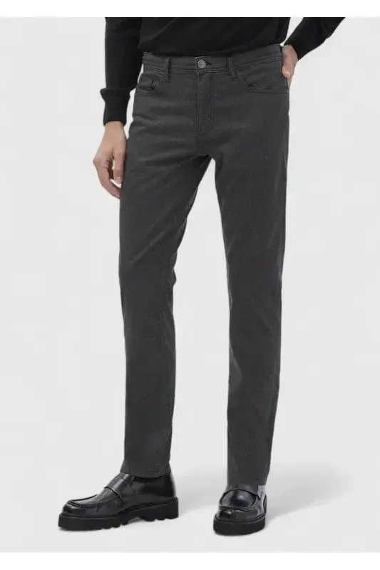 Anthracite Plain Weave Slim Fit Casual Cotton Blend Trousers - 3