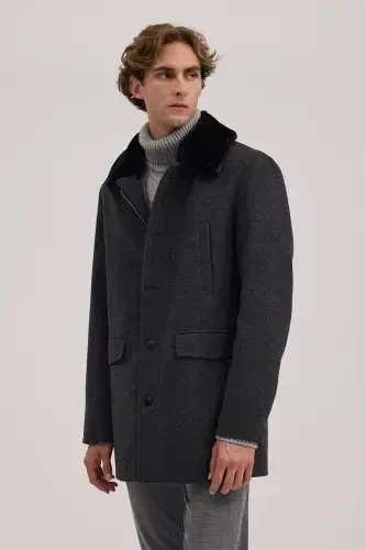 Anthracite Regular Fit Fur Collar Wool Coat - 1