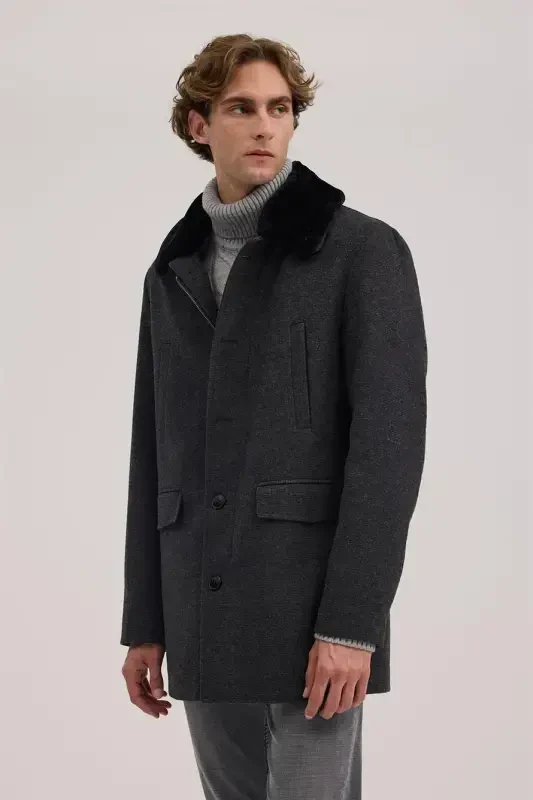Anthracite Regular Fit Fur Collar Wool Coat - 1