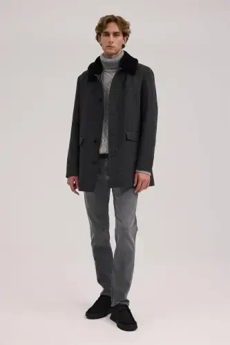 Anthracite Regular Fit Fur Collar Wool Coat - JAKAMEN (1)
