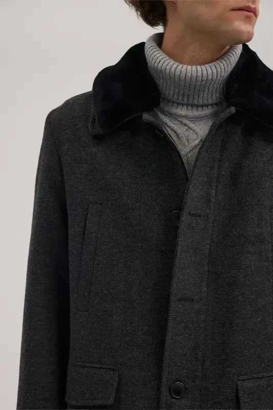 Anthracite Regular Fit Fur Collar Wool Coat - 3