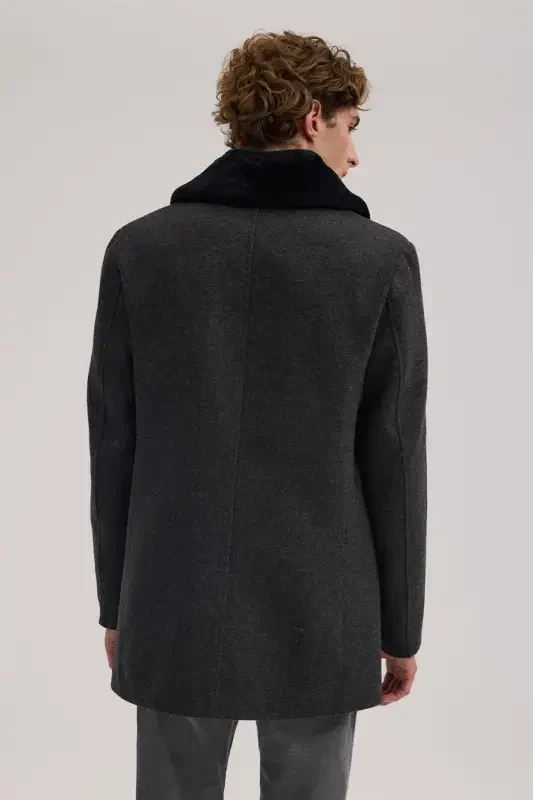 Anthracite Regular Fit Fur Collar Wool Coat - 4