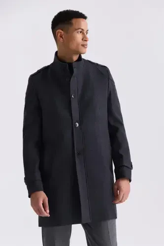 Anthracite Regular Fit Mandarin Collar Epauletted Wool Blend Peacoat 