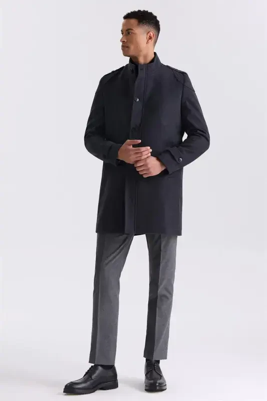 Anthracite Regular Fit Mandarin Collar Epauletted Wool Blend Peacoat - 2