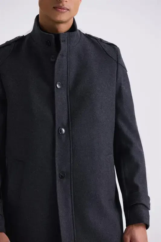Anthracite Regular Fit Mandarin Collar Epauletted Wool Blend Peacoat - 3