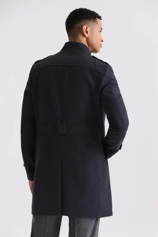 Anthracite Regular Fit Mandarin Collar Epauletted Wool Blend Peacoat - 4