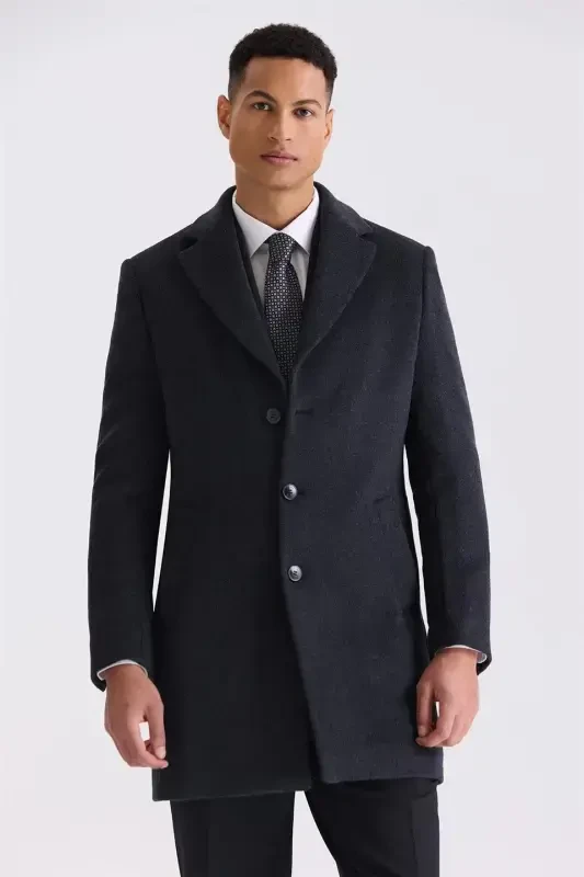 Anthracite Regular Fit Mono Collar Wool Cashmere Coat - 1