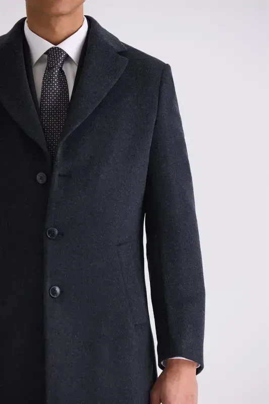 Anthracite Regular Fit Mono Collar Wool Cashmere Coat - 3