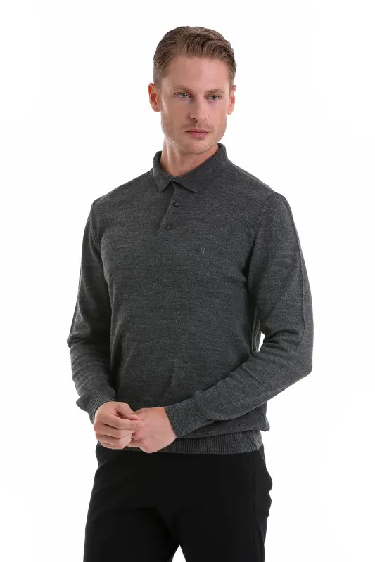 Anthracite Regular Fit Plain Polo Neck Knitwear Sweater-Anthracite - 2