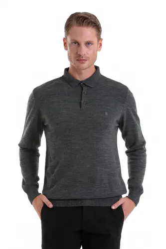 Anthracite Regular Fit Plain Polo Neck Knitwear Sweater-Anthracite - 4