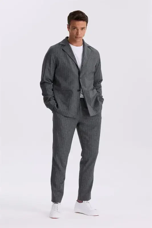 Anthracite Slim Fit Band Collar Linen Blend Double Slit Striped Suit - 1